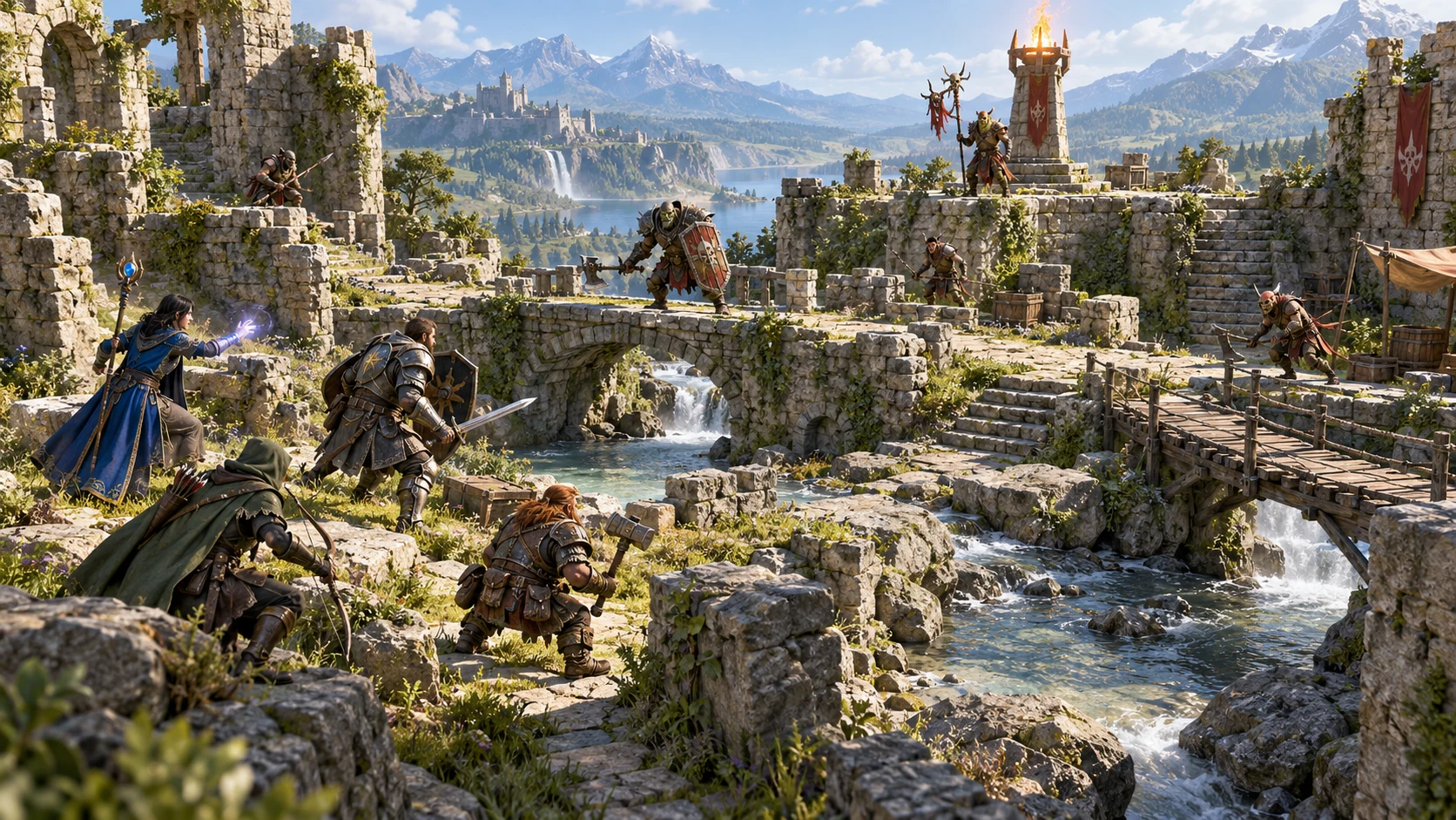 Fantasy encounter illustration of an adventuring party facing opposition across a ruined riverside fortress